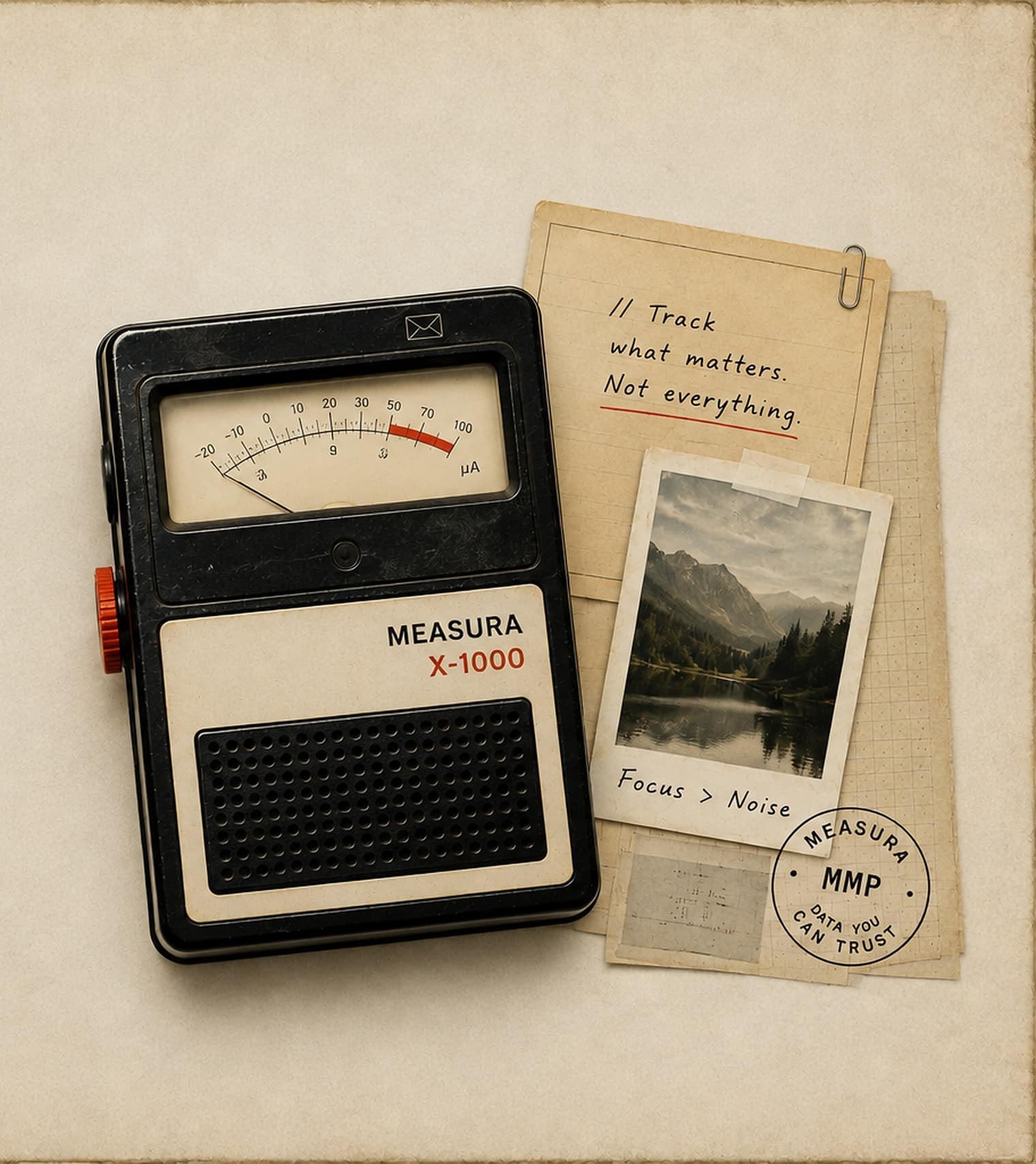A Measura X-1000 analogue meter on a desk beside a clipped note reading: track what matters, not everything.